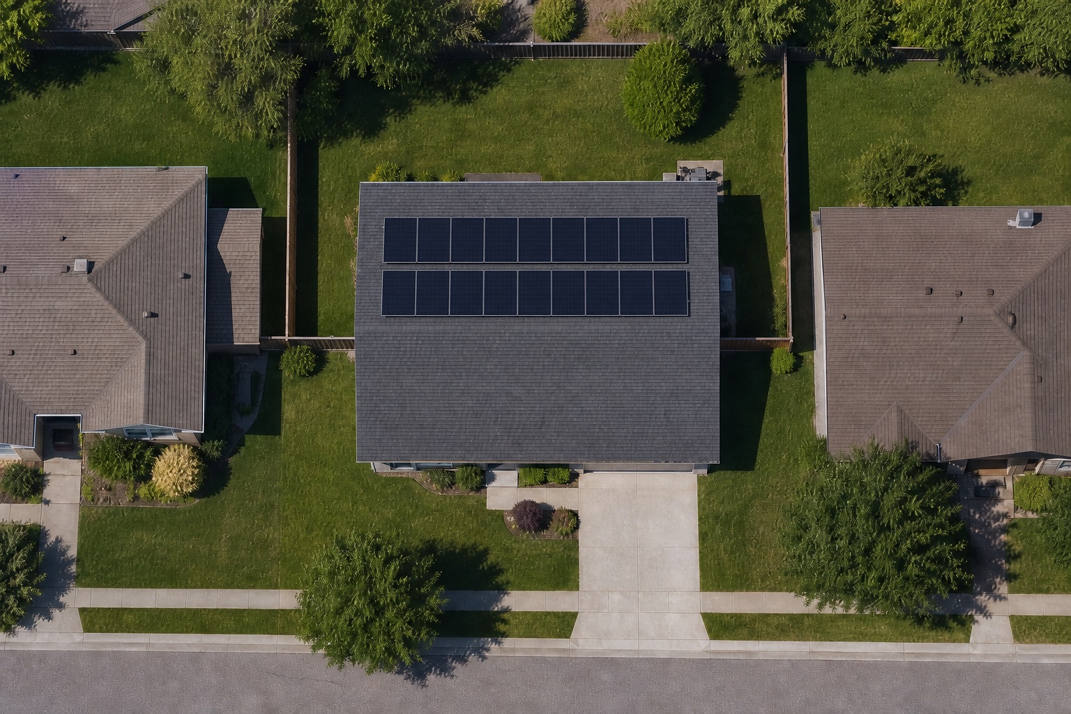 Aerial view of the same property with rooftop solar panels installed